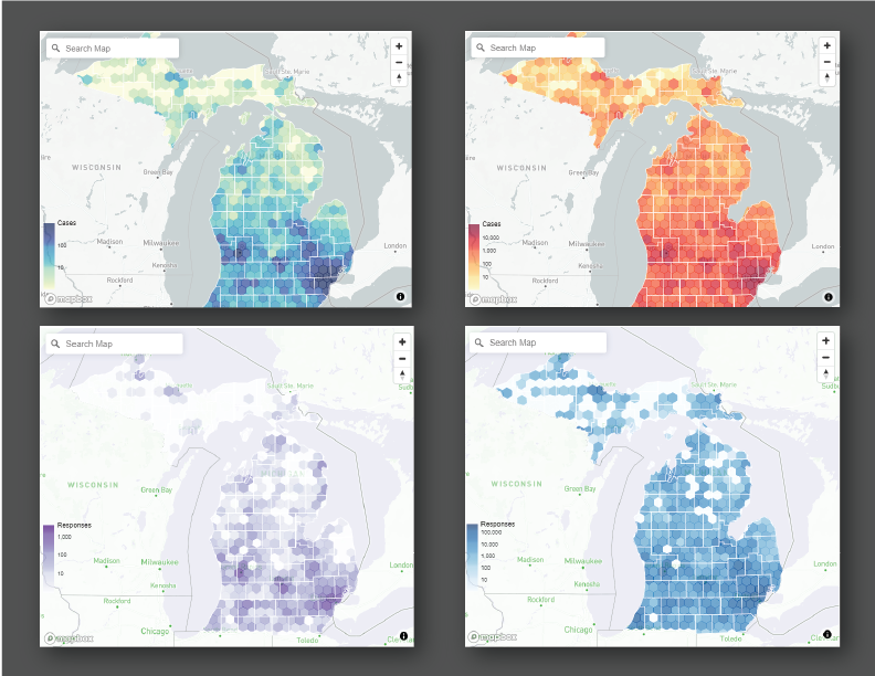 an image of four maps of michigan subdivided into hexagons that are colored based on the d3 blue-to-green, red-to-yellow, blue-shades, and purple-shades palettes